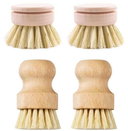 Pack of 4 Mushroom Brush, Interchangeable Dish Brush, Wood, Round, Vegetable Brush, Soft Potato Brush, Cleaning for Washing Dishes, Pots, Gentle Cleaning of Vegetables