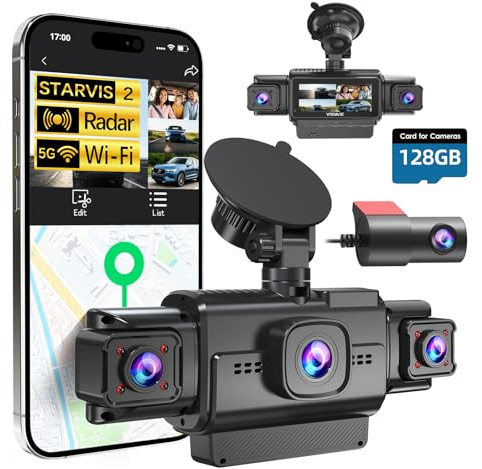 Dashcam a 4 canali a 360 gradi con telecamera anteriore e posteriore per auto, radar ad onda millimetrica 24 ore di parcheggio, dual band WiFi, GPS, visione notturna, grandangolo di 170 gradi, WDR