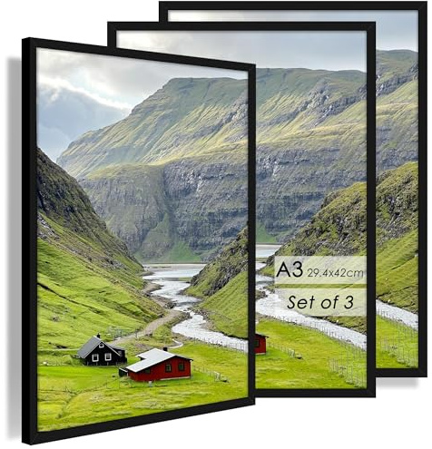 QPQIYIY Marco de fotos A3 (29,7 x 42 cm), juego de 3 unidades, color negro, fabricado en material de madera, marco A3, ideal para fotos, imágenes, carteles