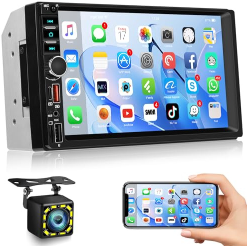 NHOPEEW 2 DIN Radio Bluetooth con Pantalla táctil de 7 Pulgadas, Radio para Coche Mirror Link con cámara de Marcha atrás FM EQ Control en el Volante Doble USB TF Tarjeta Tipo C AUX Luces de 7 Colores
