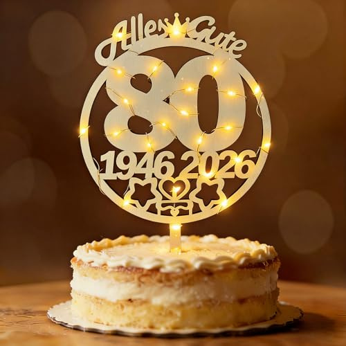 Tortendeko 80 Geburtstag Frau Mann 1946-2026, Seutgjie Deko 80. Geburtstag Jubiläum Cake Topper Holz mit LED Lichterkette Tortenaufleger Blumenstecker