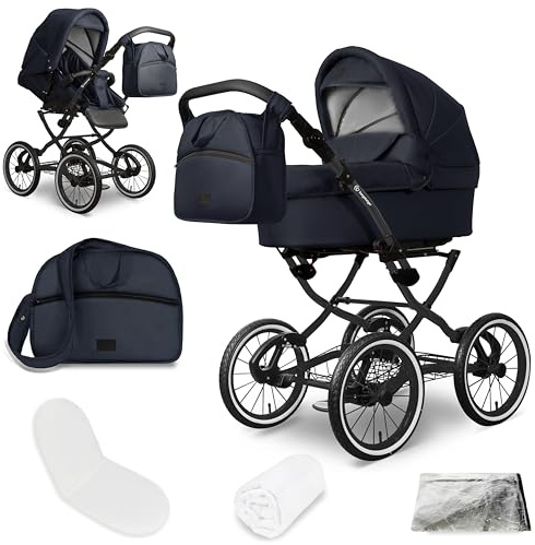 Bergsteiger Venedig Nostalgie Kombikinderwagen 2-in-1 ohne Babyschale – Babywanne & Sportsitz, Luftreifen, Federung, höhenverstellbarer Griff, faltbar, Zubehör