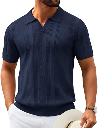 COOFANDY Mens Knit Polo Shirts V Neck Polo Shirts Short Sleeve Regular Fit Stretch Polo T Shirt B-Navy Blue