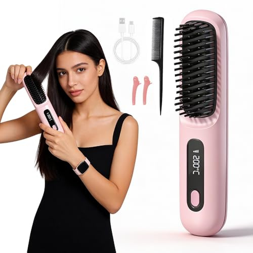 Wxeadu Cordless Hair Straighteners Brush, 3-in-1 Heated Hair Brush with 3 Heat Settings, Fast Heating & Hair-Friendly, Rechargeable Portable Hair Straightener Brush with Led Screen for Travel, Home