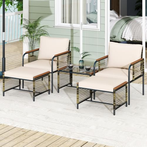 FANTASK Rattan Gartenmöbel Set für 2 Personen, Terrassenmöbel Set inkl. 2 Stühle mit Kissen, Hocker & Tisch, Gartengarnitur, Gartenlounge für Garten, Balkon, Terrasse (Beige)
