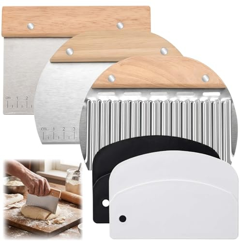 Teigschaber Edelstahl - 5 Stück Teigkarte Set, Teigschneider mit Messskala und Rutschfestem Holzgriff, Backutensilien Spachtel Küche zum Portionieren, Schneiden für Pizza, Brot, Kuchen, Torte