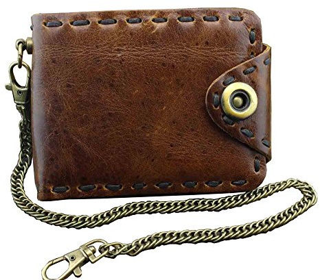 Vintage Biker Leather Bifold Snap Wallet With Chain for Mens or Boys