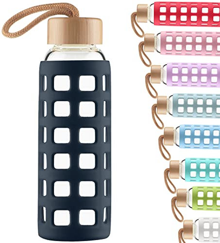 Cleesmil Sports Glass Water Bottle with Silicone Sleeve with Bamboo Lid BPA Free 660 ml （Navy Blue）