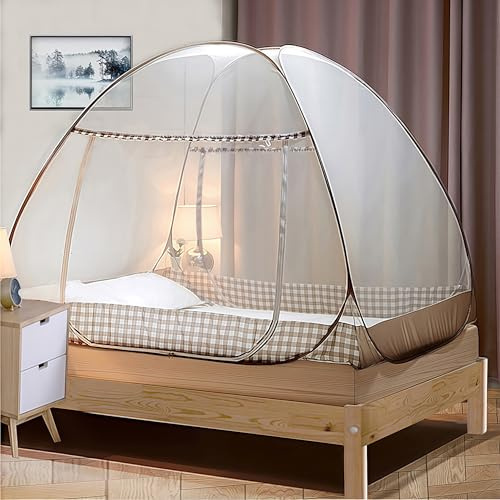 Digead Faltbares Pop-up Moskitonetz für Bett, 120×200 cm Doppeltür Design, Tragbares Reise moskitonetz, Ideal für Zuhause, Reisen & Camping - Brauner Rand