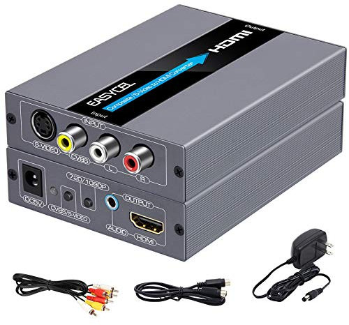 EASYCEL Convertitore da RCA Svideo a HDMI con cavi, Composito AV a HDMI, Ingresso RCA S-video Uscita HDMI con 3.5mm Jack Audio(Alluminio)