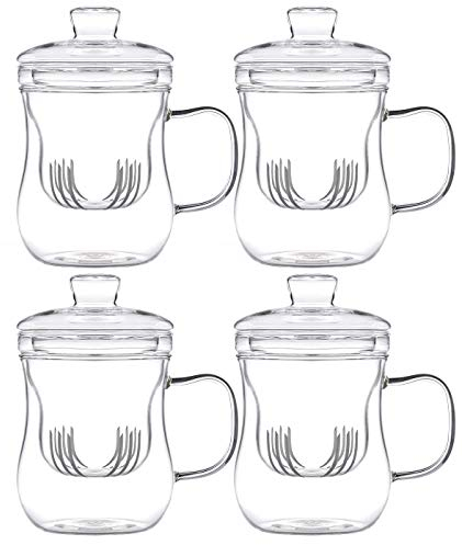tea4chill 4 Stück Teetassen mit Glas-Filter und Deckel. Handgefertigte Teegläser für losen Tee oder Beutel. Mit je 400ml Füllvolumen und elegant geschwungener Form.