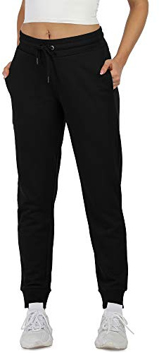 icyzone Pantalon de Sport pour Femmes en Coton Confortable avec Poches pour Fitness Gym Jogging (L, Noir)