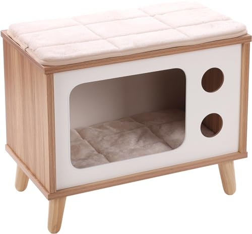 Flamingo Kratzmöbel für Katzen, Fino TV, Weiß & Braun & Natur – 50 x 29 x 41 cm – Kissen abnehmbar mit Klettverschluss und abnehmbarem Kissen – waschbar