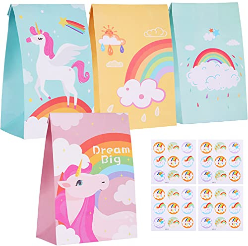 Hukermoon 24 Unicorn Party -väskor, Presentpåsar, med 36 Klistermärken, Godispåsar för Babyfest, Enhörningspärnata, Bröllop, Enhörningsparti, Födelsedagsfest, Jul