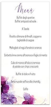 Menù matrimonio o cerimonia acquerello fiori lilla e viola 20 pz