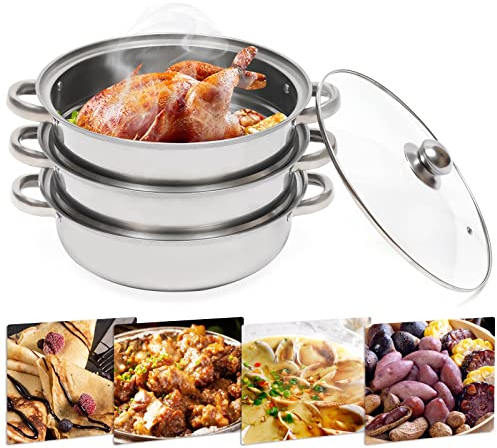3 Pentole Per La Cottura a Vapore Di Alimenti In Acciaio Inox Pentola a Vapore In Acciaio Inox a 3 Livelli Da 28 Cm Con Coperchio In Vetro Per Verdure Frutti Di Mare Carne Cibo a Vapore