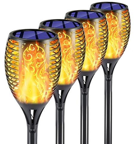 USMEI Solare Fiamma Luci, 4 Pezzi 12LED Luci Solari Esterno Giardino Fiamma, Lampade Solari da Giardino Torcia Luce per Esterno,Giardino,Patio con Effetto Fiamma Tremolante Realistico(Verde)