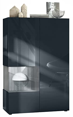 Vladon Vitrine Morena V2, Made in Germany, Standvitrine mit 2 Türen und Glaseinsatz, Korpus Schwarz matt, Fronten Schwarz Hochglanz, Cube Avola-Anthrazit (91,5 x 136,5 x 37 cm)