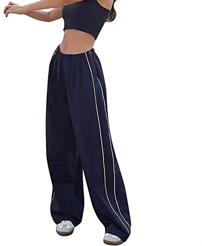 Sawmew Women's Low Rise Baggy Parachute Pants, Y2k Cargo Pants Wide Leg Sweatpants Casual Loose Pants (Color : Blue, Size : L)