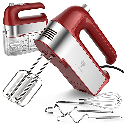 Hand Mixer Electric, 450W Kitchen Mixers with Scale Cup Storage Case, Turbo Boost/Self-Control Speed + 5 Speed + Eject Button + 5 Stainless Steel Accessories, For Easy Whipping Dough, Cream, Red