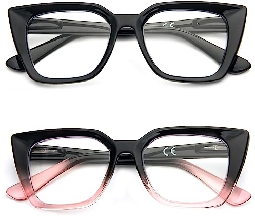 Kodilin 2 Pack Occhiali da lettura donna Oversized Square Anti Luce Blue Computer Lettori Uomo con cerniera a molla (+2.0, nero e nero rosa)