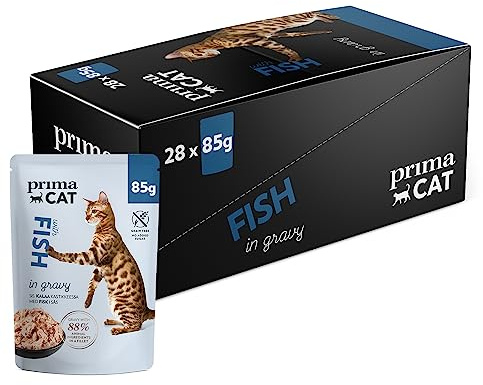 PrimaCat - Nassfutter für Erwachsene Katzen, Fisch in Soße, 28 x 85 g | Alleinfutter, Zarte Filets in Soße, unterstütz die Flüssigkeitszufuhr, getreidefrei, ohne Zuckerzusatz, mit Fisch