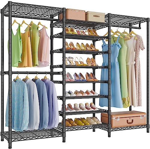 VIPEK S3 Heavy Duty Garment Rack Freestanding Clothes Rack Closet Storage Organizer Large Wardrobe with 6-Tier Shoe Rack, Hanging Rod, Adjustable Shelf, 68.9 L x 15.7 W x 76.4 H, Black