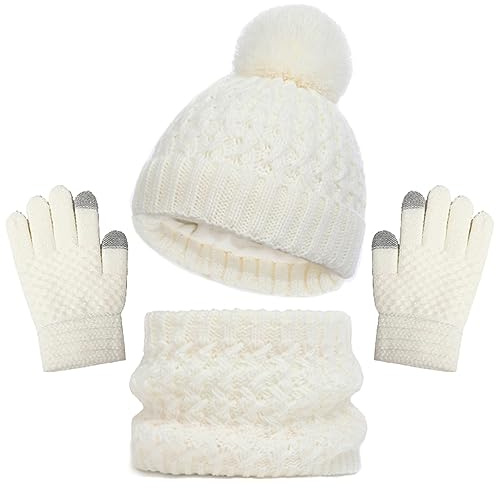 Baynetin Kinder Wintermütze Schal Handschuhe Set, 3 Stück Mädchen Warme Pompom Beanie Hut Touchscreen Handschuhe Runder Schal Set mit Fleece Gefüttert für Jungen Mädchen 2-8 Jahre (Weiß)