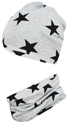 TupTam Jungen Beanie Mütze Schlauchschal Kinder 2er Set Herbst Winter gefütterte Übergangsmütze mit Loop, Farbe: Jersey zweilagig - Sterne Schwarz Grau, Hat Size: 54