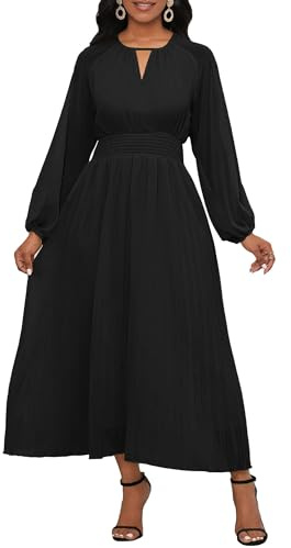 VERWIN Chiffon Dresses for Women Long Sleeve Round Neck Maxi Dress Elastic Waist Pleated A Line Flowy Dress XXL Black