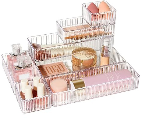 Vtopmart 7 PCS Clear Drawer Organizers Bins, 4-Size Stackable Makeup and Vanity Drawer Organizer Trays, Acrylic Bathroom Drawer Storage Containers for Cosmetic, Office Supply, Kitchen Utensils Gadgets