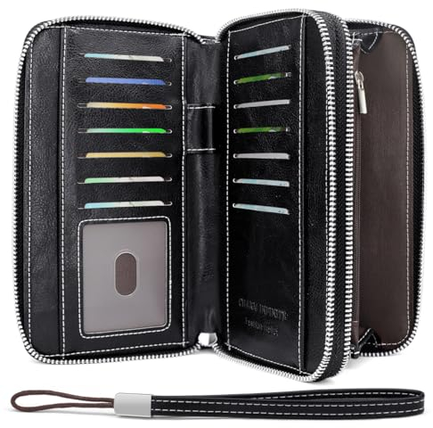 HNOOM Geldbörse Damen Groß – Portemonnaie Damen aus PU Leder mit 14 Kartenfächern, Münzfach & RFID-Schutz – Stylische Frauen Geldbeutel Groß mit Doppeltem Reißverschluss – Lang & Viel Platz (Schwarz)