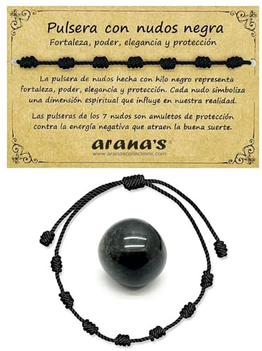 arana's Bracelet 7 nœuds noir + pierre énergétique obsidienne - Pour femme et homme - Fil noir protection contre le mauvais œil - Amulette nettoyage purification bonne chance couples