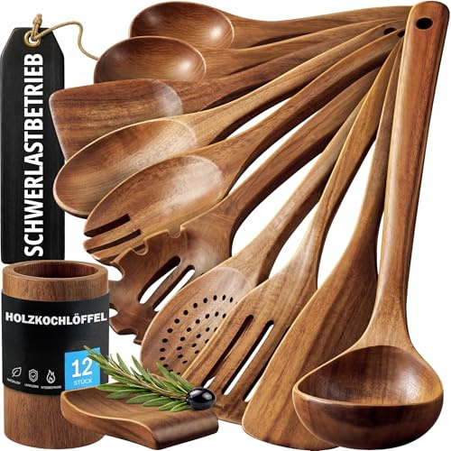 Zulay Kitchen Kochlöffel Holz Set aus Teak - Holzlöffel zum Kochen, Holzkochlöffel, Holzkochlöffel Klein | Küchenutensilien Holz Kochlöffel Premium Qualität, Wooden Spoons Kuchenhelfer, Set 12