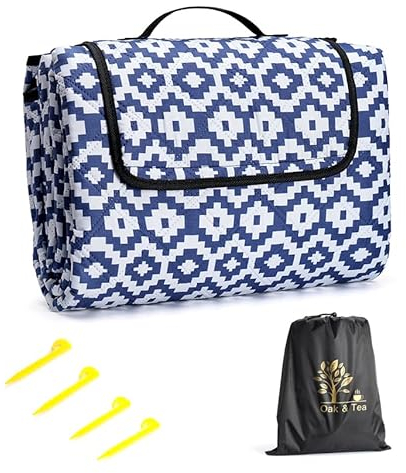 Oak & Tea Waterproof Picnic Blanket Extra Large 200x200cm - Sandproof & Foldable Beach Mat with Stakes, Portable Camping Rug for Outdoor, Park, Travel - Durable 3-Layer Oxford Fabric