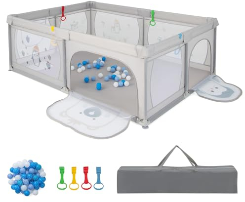 LIFEZEAL 206 x 147 x 68,5 cm Baby Laufstall Faltbar, Laufgitter mit 50 Spielbällen & Matratze & Seitentasche, Krabbelgitter Aktivitätszentrum für Kinder, mit Tragetasche (Hellgrau)
