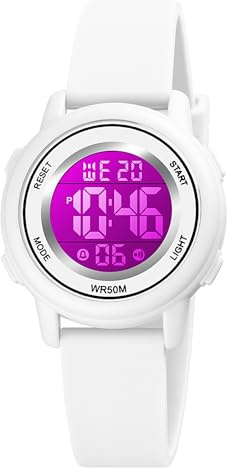 findtime Montre de sport numérique pour femme - Étanche jusqu'à 50 m - Montre numérique pour sports de plein air avec grand cadran à rétroéclairage LED, blanc