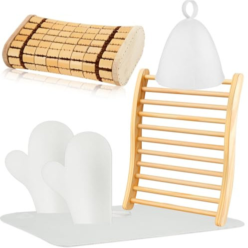 JaGely 5-teiliges Sauna-Zubehör inklusive rutschfester Sauna-Rückenlehne, Holz-Sauna-Kopfstützenkissen, Saunahut, Sitzpolster und Sauna-Handschuh für Fass- oder Infrarot-Sauna