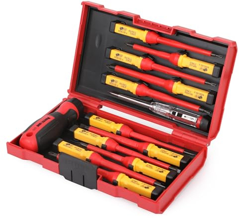HURRICANE 13-teiliges 1000 V isoliertes Schraubendreher-Set, Cr-V-magnetische Spitze. 4 Schlitz-, 2 Kreuz-, 2 Pozidriv-, 3 Torx-Bits, 1 Spannungsprüfer und 1 Griff. Ideal für professionelle Reparature