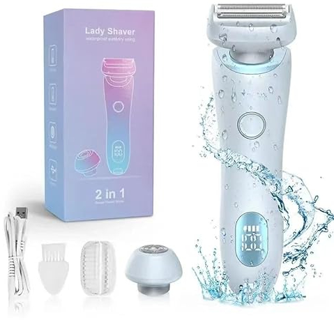 Rasierer Damen Elektrisch,Intimrasierer für Frauen, 2 in 1 Lady Shaver mit LED-Anzeige, Damenrasierer Elektrisch,Bikini Trimmer,Intim Rasierer,Kabelloser UBS Nass/Trocken Epiliere (Blau)