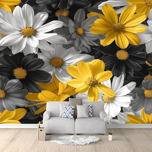 Générique Papier Peint Panoramique Floral Gris Jaune 200x140 cm Poster Geant Mural 3D, Tapisserie Photo Peinture Murale, Papier Peint Intissé Fresque pour Salon Chambre Toile Fond TV