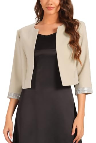 Allegra K Blazer con Frente Abierto para Mujer, Blazer Corto sin Cuello de Media Manga Beige XL