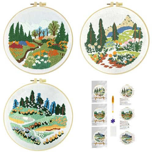 51buyoutgo 3pcs Blumen Landschaft Stickset Sticken Set für Erwachsene Anfänger Embroidery Kit Stickerei Stick Set Stickvorlagen Kreuzstich Vorgedruckt Stickbilder Stickbild Stickpackung Stickvorlage