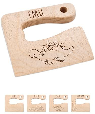 Bärenfreunde® - Personalisiertes Montessori Kinder Messer mit Gravur - Sicheres Holz Baby Besteck mit abgerundeten Kanten - Geburtstag Baby Geschenk (Dinosaurier)