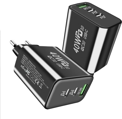 Cargador rápido USB C - Enchufe súper Cargador de 3 Puertos de 40 W | Adaptador de Corriente PD incombustible, Enchufe de Carga Tipo C con múltiples Puertos USB para Viajes de Negocios, Uso