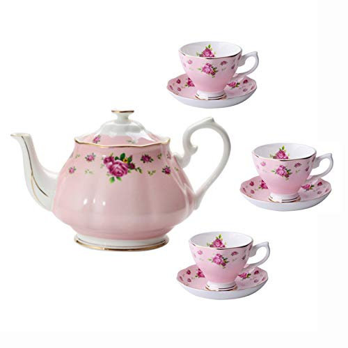 KWMAEEUID Tea Set for Adults Porcelain Coffee Cups and Saucers Bone China Pink Teapot Sets Old Country Roses Teapot 7 Pieces