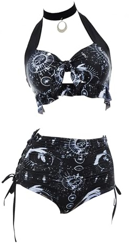 Meowcos Gothic-Bikini-Badeanzug, Hexen-Badeanzug, dunkler Stil, Sterne, Mond, Gothic-Badeanzug