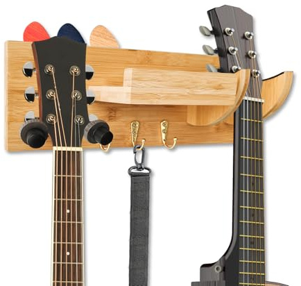 EASIDAYFAN Guitar Wall Mount with Hook- Wooden Guitar Hanger Shelf with Pick Holder, Bamboo Guitar Rack for Acoustic, Electric, Bass, Ukulele, Guitar Accessories