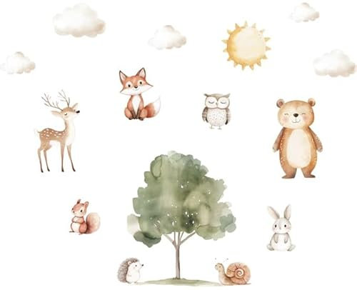 Wandtattoo Waldtiere #53 – Selbstklebende Wanddekoration – Blasenfreie Anwendung, nachhaltig & PVC-frei – Baum 56 x 73 cm, 8 Tiere 15 – 43 cm, 1 Sonne Ø 26 cm, 5 Wolken ca. 15 x 30 cm