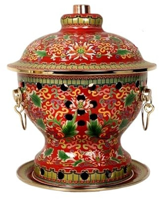Cloisonne, Hotpot per olio da pasto singolo, smaltato, in rame puro, per cucinare (rosso)